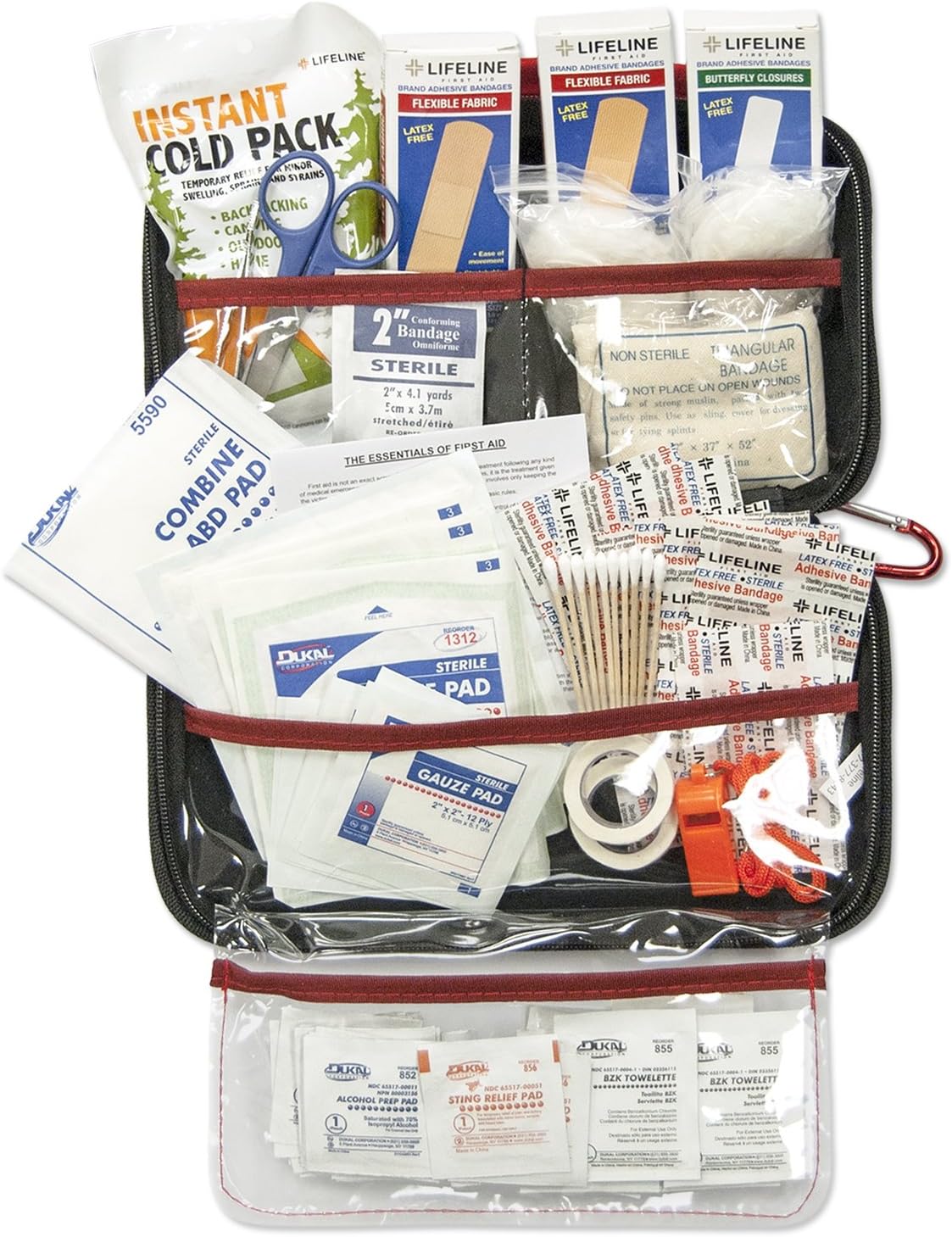LIFELINE-4180 AAA 121 Piece Road Trip First Aid Kit packaged in compact hard shell foam carry case, ideal for emergency use in cars, camping, hiking, or offices alike- Red