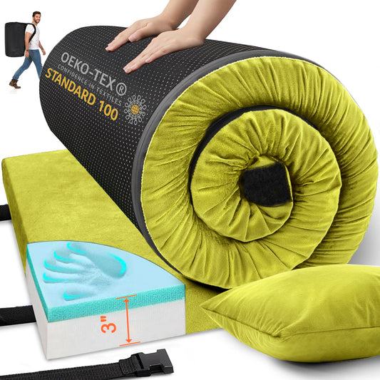 Airpanda Memory Foam Camping Mattress Sleeping Pad, 3" Thick Waterproof Portable Roll Up Sleeping Mats & Floor Mattress Pad with Pillow + Travel Bag for Camping Car Truck Tent Sleepover Kids Adult