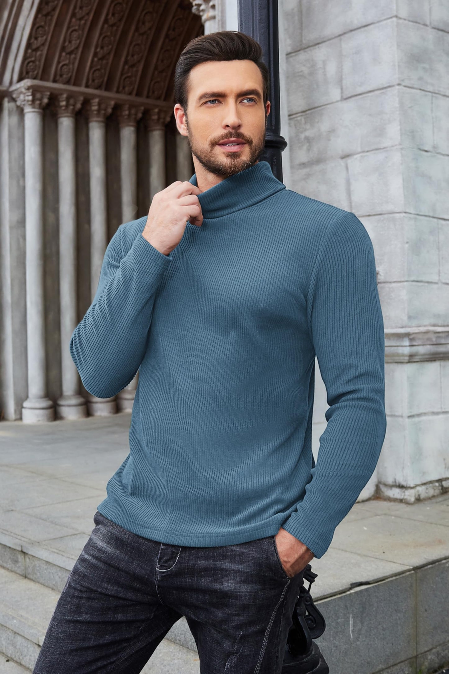 COOFANDY Men's Ribbed Turtleneck Sweater Casual Basic Long Sleeve Knitted Pullover Sweater Dark Blue