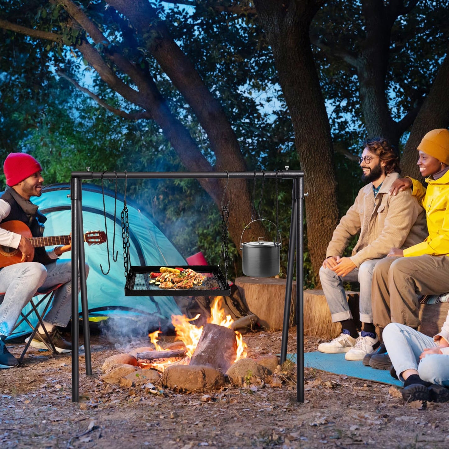 HONYTA Campfire Swing Cooking Grill Stand, Collapsible Campfire Cooking Rack with Adjustable Iron Grill Grate and Hooks for Outdoor BBQ Picnic Cookware Party Dutch Oven