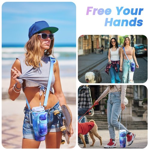 OUTXE Water Bottle Carrier Bag for 40oz Stanley Tumbler with Handle& Simple Modern, Water Bottle Holder with Adjustable Strap& Phone Pocket, Water Cup Pouch for Walking, Travel (Blue Starry Sky)