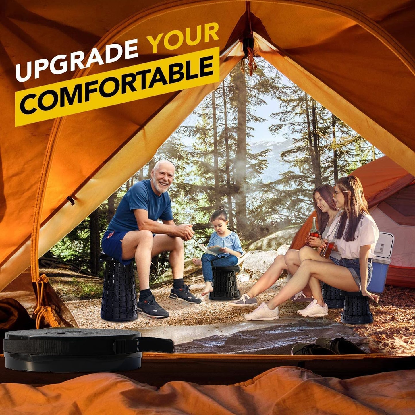 ALEVMOOM Upgraded 19.7" Collapsible Stool Portable,1000lbs Max Weight-Heavy Duty, Retractable Folding Stool with Cushion for Adults for Outdoor Fishing Hiking BBQ