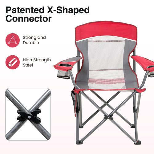 HIGH POINT SPORTS Portable Mesh Back Camping Folding Chair, Heavy Duty Fishing Lawn Chair, Padded Collapsible Outdoor Chair for Adults, Outdoor, Garden, Patio, Red, 2 Pack