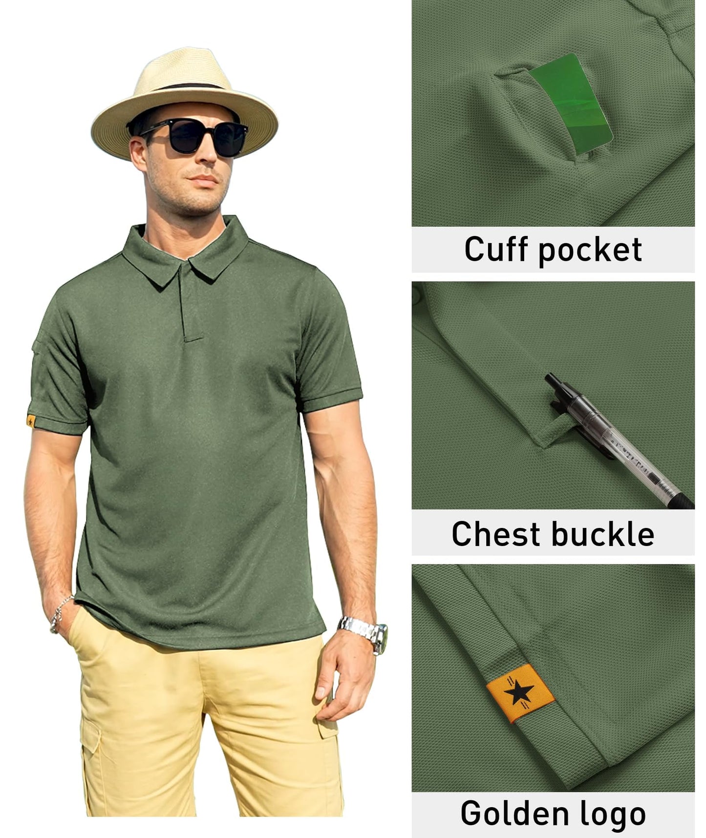 ZITY Mens Polo Shirt Short Sleeve Sports Tactical T-Shirt Athletic Golf Polos Daily Casual Stylish Collared Shirts for Men Green X-Large