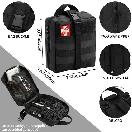 GPUSFAK Emergency Survival Kit and First Aid Kit, Camping First Aid Survival Kit with Molle Pouch for Preparedness Outdoor Adventure, Black