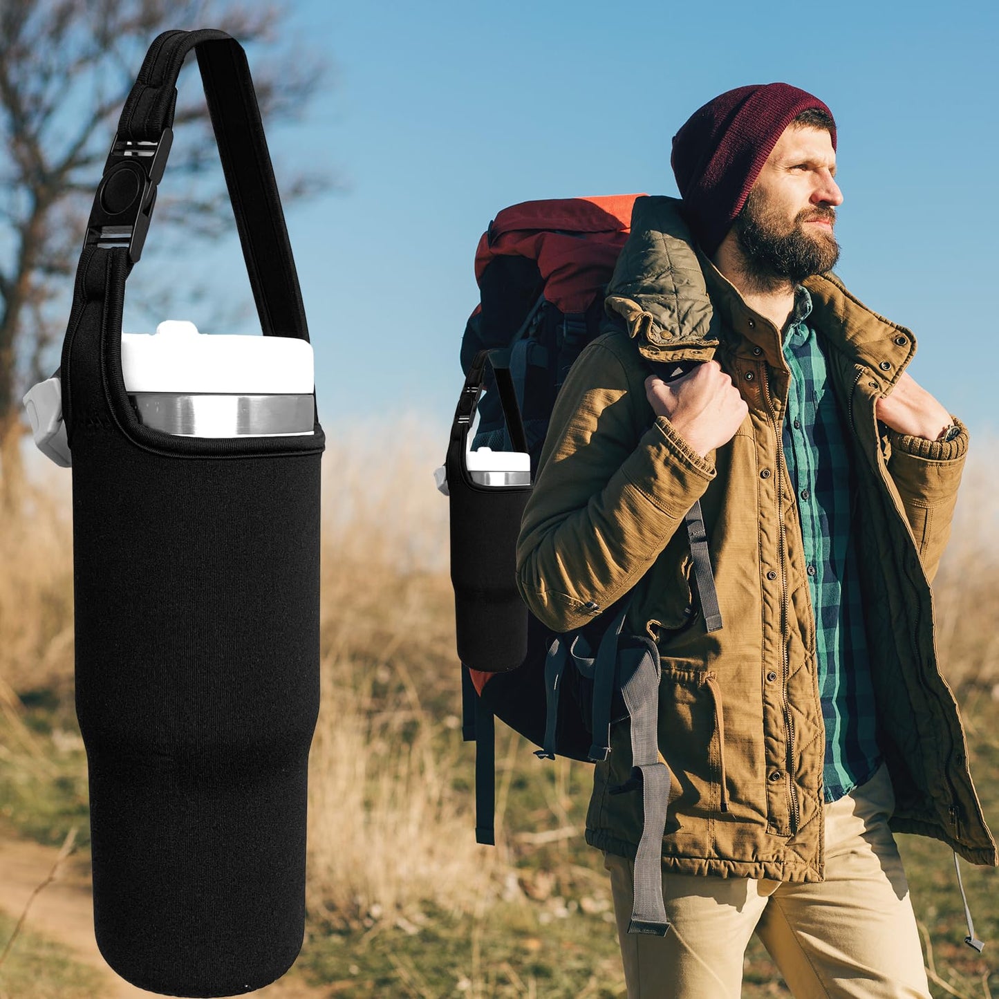 SKZIRI Water Bottle Carrier Sling Bag Sleeve Pouch Holder for 30oz Stanley IceFlow Stainless Steel Tumbler Outdoor Hiking Travelling Camping Picnic (1)