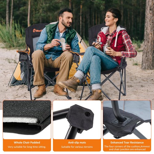 EMERIT 2 Pack Oversized Padded Camping Chair, 350LB Heavy Duty Quad Fold Chair with Arms, Collapsible Outdoor Chairs with Lumbar Back & Cup Holder