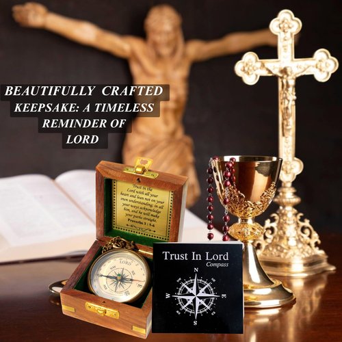 Trust in The Lord with All Your Heart -Proverbs 3: 5-6 Quote Engraved Compass with Wooden Box, Baptism Gifts for Boys, Inspirational Gifts Men, Graduation Day Gifts, First Communion Gifts