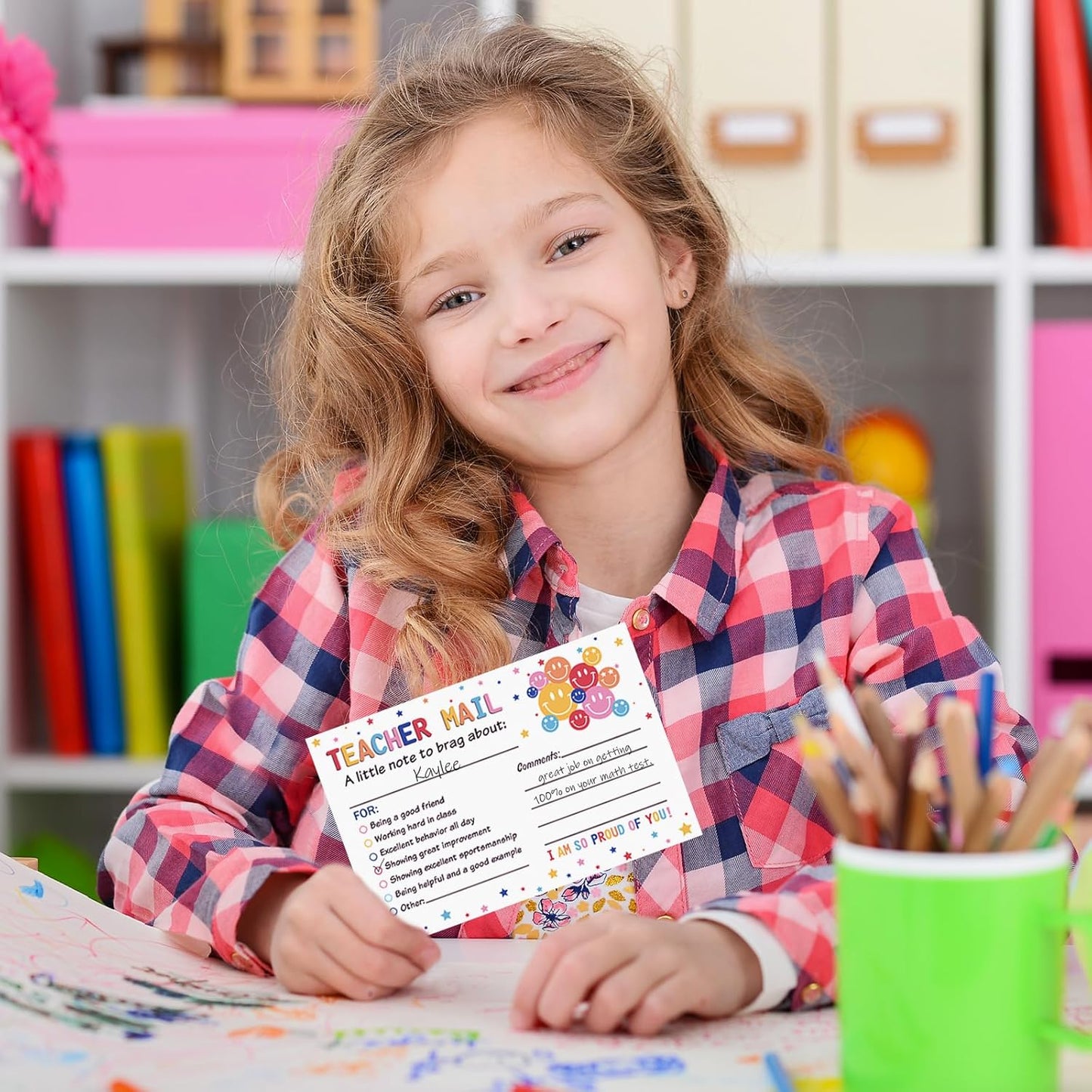 50Pcs Teacher Mail Notes to Parents, Smiley Face Happy Mail Postcards Classroom Good Behavior Incentive Motivational Cards to Send Home for Preschool Kindergarten Elementary School Teacher Supplies