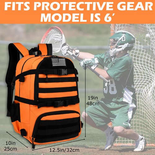 SLINRKE Lacrosse Bag with 2 Stick Holders Tactical Style Lacrosse Equipment Backpack with Separate Shoe Compartment for All Field Hockey Gear (Orange)