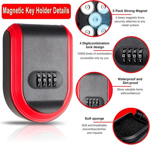 Magnetic Key Box for Under Car with 5 Strong Magnets, Hide a Key Outside with Resettable Combination Lock Box, Waterproof Magnetic Key Holder for Outdoor, Vehicle, Home, or Office Use (1, Black)