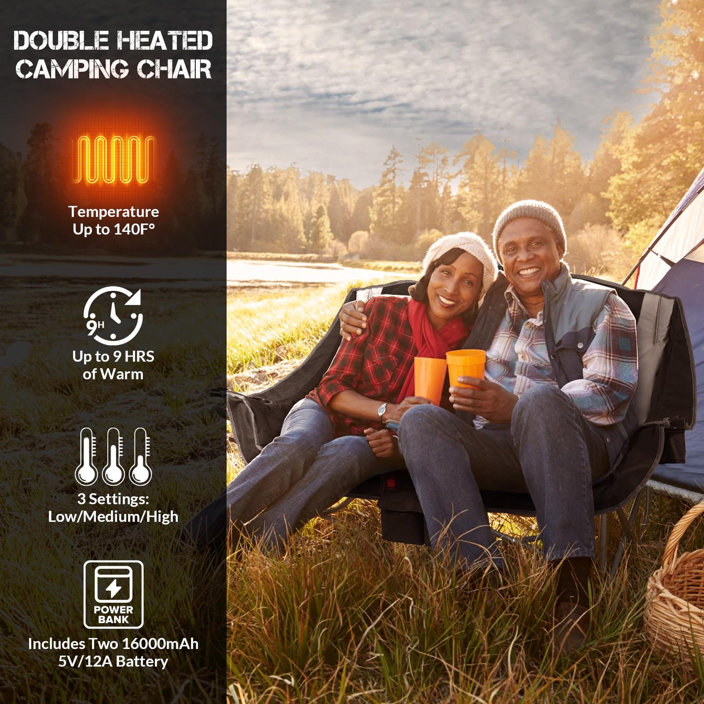 ANTARCTICA GEAR Heated Double Camping Chair, 2-Person Folding Chair with 12V 16000mAh Battery Pack, Heated Portable Loveseat Chair, for Outdoor