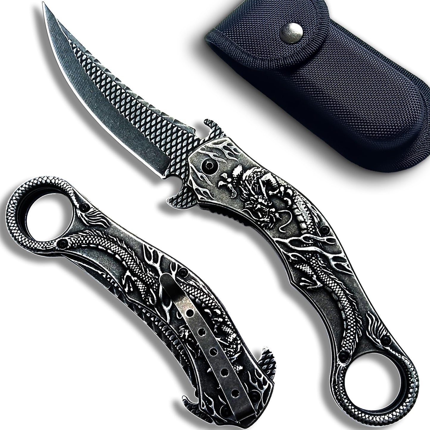 MADSMAUG Pocket Knife, 9Cr18Mo BLADE Pocket Folding Knife With Sheath, Cool 3D Dragon EDC knife, Great Gift Pocket Knife For Men Outdoor Survival Camping (Black)