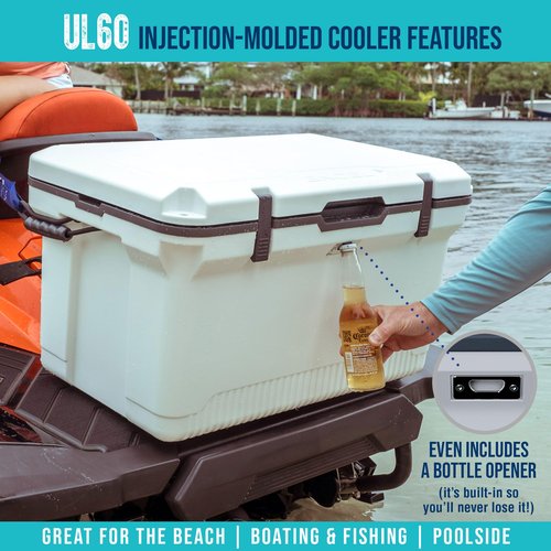 ENGEL 60 QT Ultra-Light Injection Molded Cooler - Ice Chest Keeps Ice 7 Days - Large Cooler Wire Basket, Divider and Built-in Bottle Opener - Fighting Lady Yellow with Dark Grey Interior (Yellow)