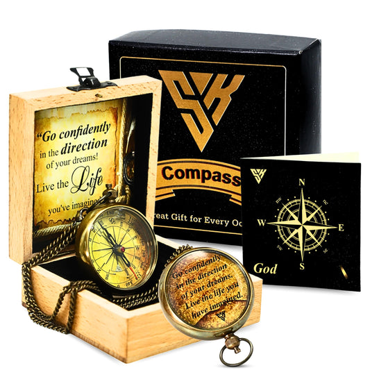 Antique Pocket Compass with Wooden Box for Gift on Birthday Compass Engraved with Inspirational Quotes, Brown Gift for Birthday Anniversary