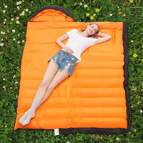 OMVMO 20 Degrees F Down Sleeping Bag for Adults, Ultra-Light & Compact, Wearable with Arm Holes, 4-Season Envelope Down Fiber Sleeping Bag for Backpacking & Camping