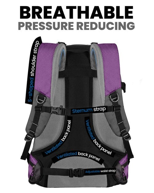 OutdoorMaster 50L Hiking Backpack with High Strength Aluminum Support, Lightweight Travel Daypack with Rain Cover, Waterproof Camping Bag for Men Women -Purple