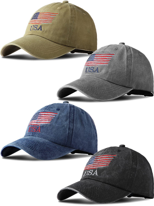 ROLVNHTV 4 Pieces American Flag Hat USA Baseball Cap Patriotic Tactical Hat for Men Adjustable Cotton Dad Hats Women Teens