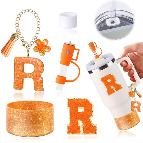 Stanley Cup Accessories Set of 6 PCS, Including Letter Stickers, Letter Chains, Straw Caps, Cup Sleeves, and Spill Proof Stoppers, Orange, 30 Oz 40 Oz, Water Bottle Carrier Set(Cup Not Included)