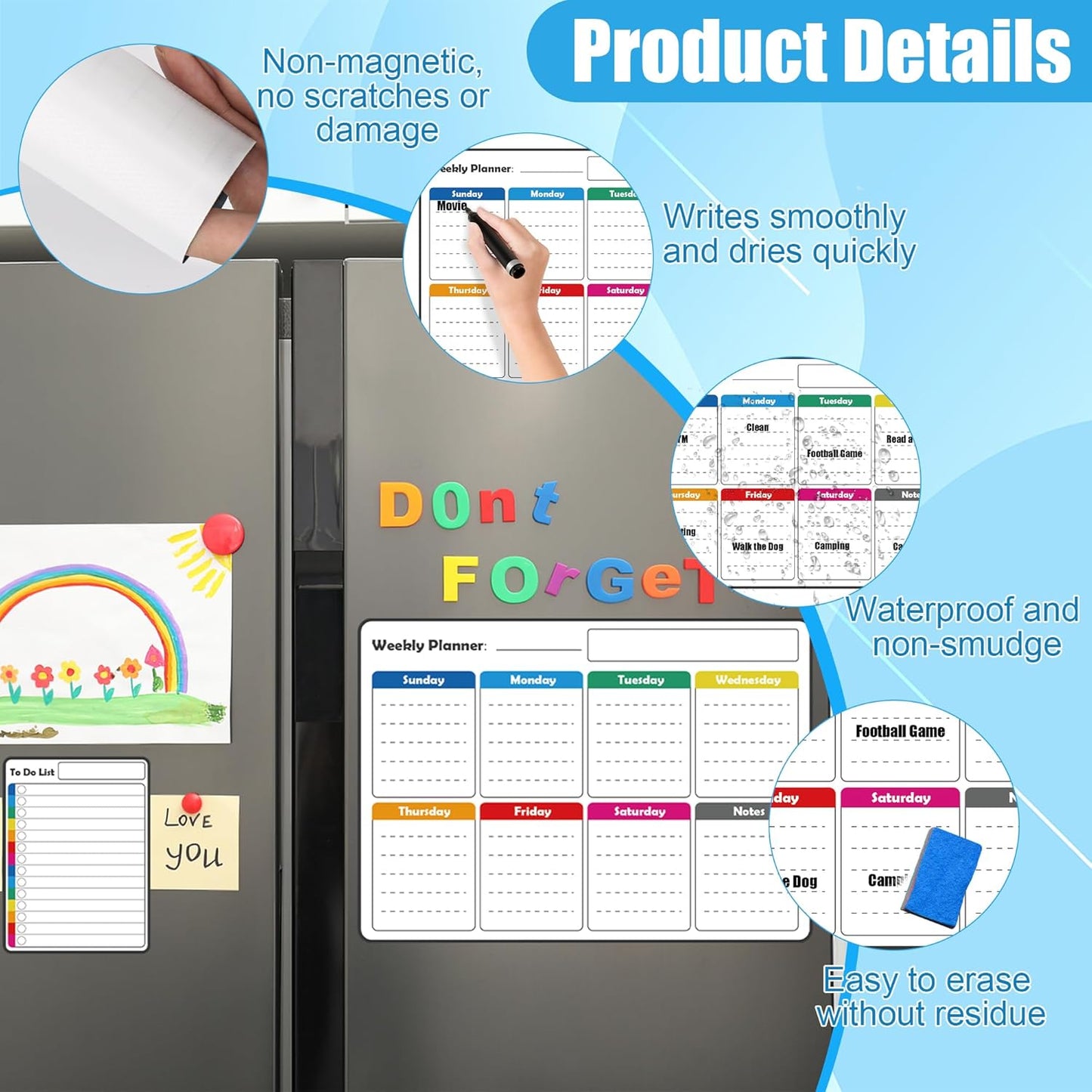 4 Pack Non-Magnetic Dry Erase Calendar Board Set, Anglecai Monthly, Weekly, Daily, List Calendar Sticks for Fridge, Wall, Door