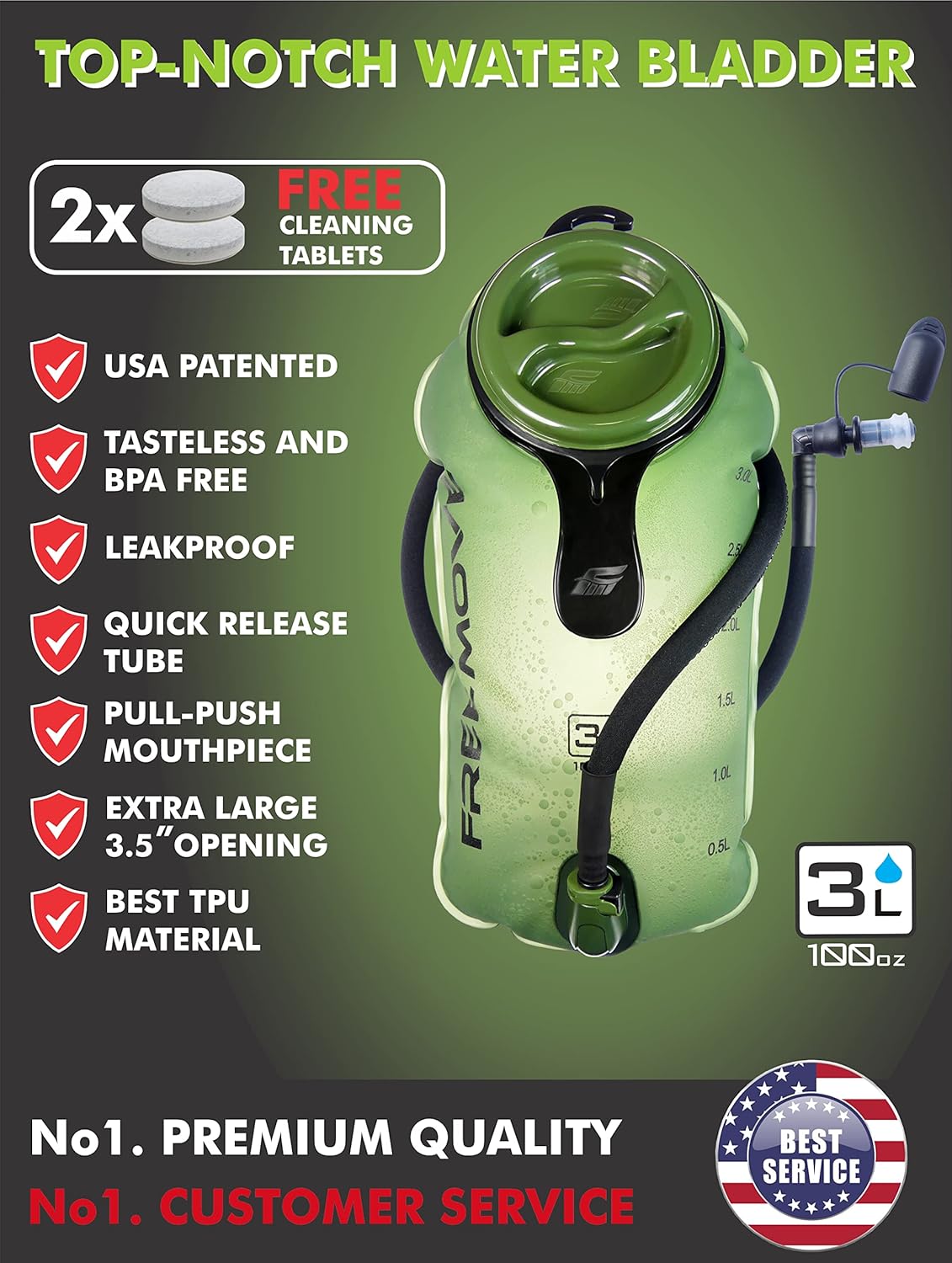 FREEMOVE Hydration Bladder 2L / 3L Water Bladder for Hiking Backpack &gt;Blue or Green&lt; Leak Proof Hydration Pack, Tasteless & BPA Free, TPU Water Reservoir, Quick Release Insulated Tube & Shutoff Valve