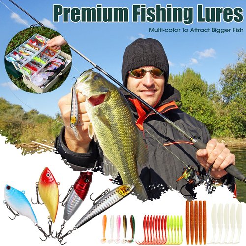 RoundFunny 517 Pcs Large 3 Layers Tackle Box with Tackle Fishing Lures Kit Included Pliers, Fish Lip Gripper, Crankbait, Hooks, Other Accessories Fishing Bait Gear Kit for Men(Dark Green Milky White)