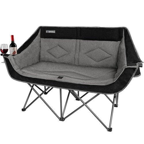 Oversized Double Camping Chair-Heavy Duty 2 Person Folding Loveseat Camp Couch for Adults,Portable Outdoor Lawn Chairs with Padded Seat for Fishing,Sports and Patio,Supports 500 LBS,Black