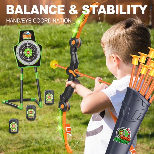 SpringFlower Bow and Arrow Toys for Kids, Archery Set Includes Super Bow with LED Lights, 10 Suction Cups Arrows,Archery Set with Standing Target and 3 Target Cans for Boys and Girls