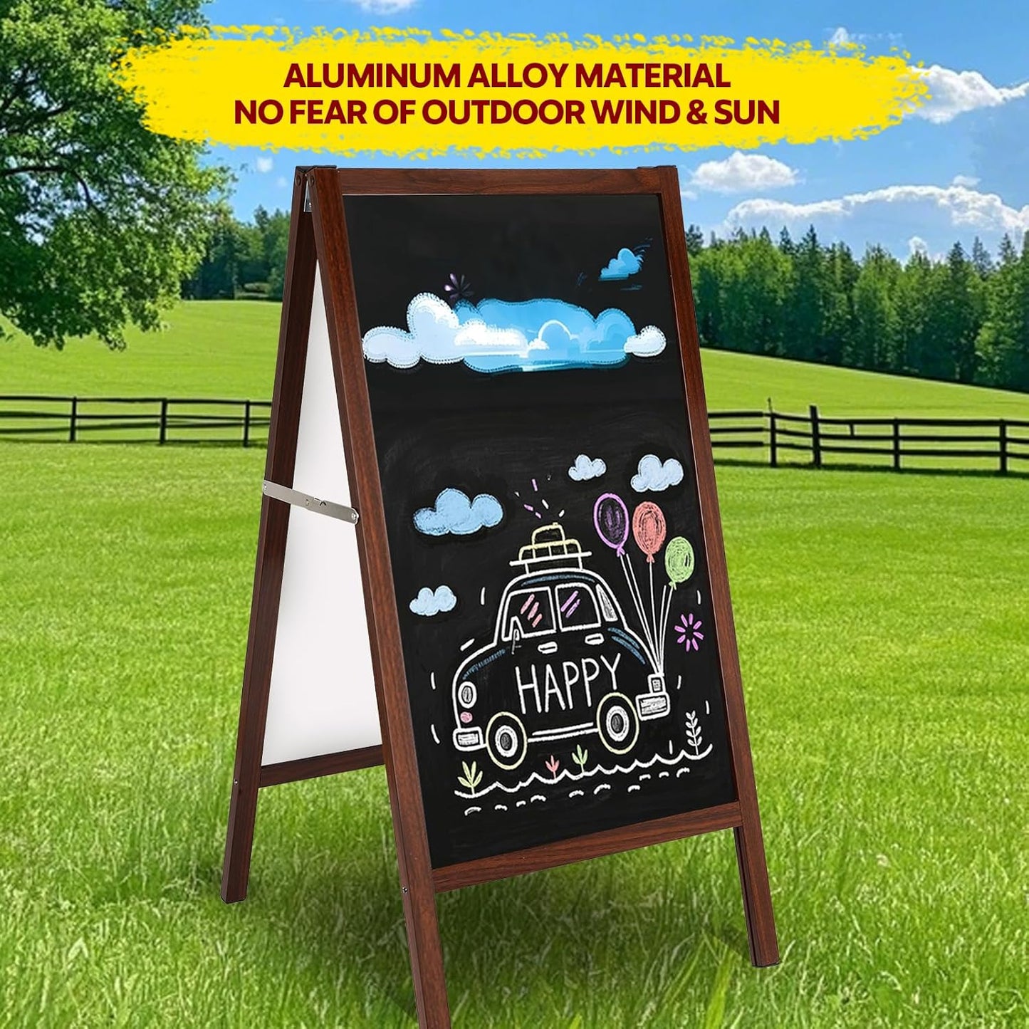 A Frame Sign Chalk Board, Aluminum Alloy Wood Grain Chalkboard, Double Sided Magnetic Blackboard with Liquid Chalk Markers, Suitable for Pubs/Restaurants/Coffee Shops/Birthdays/Parties/Wedding