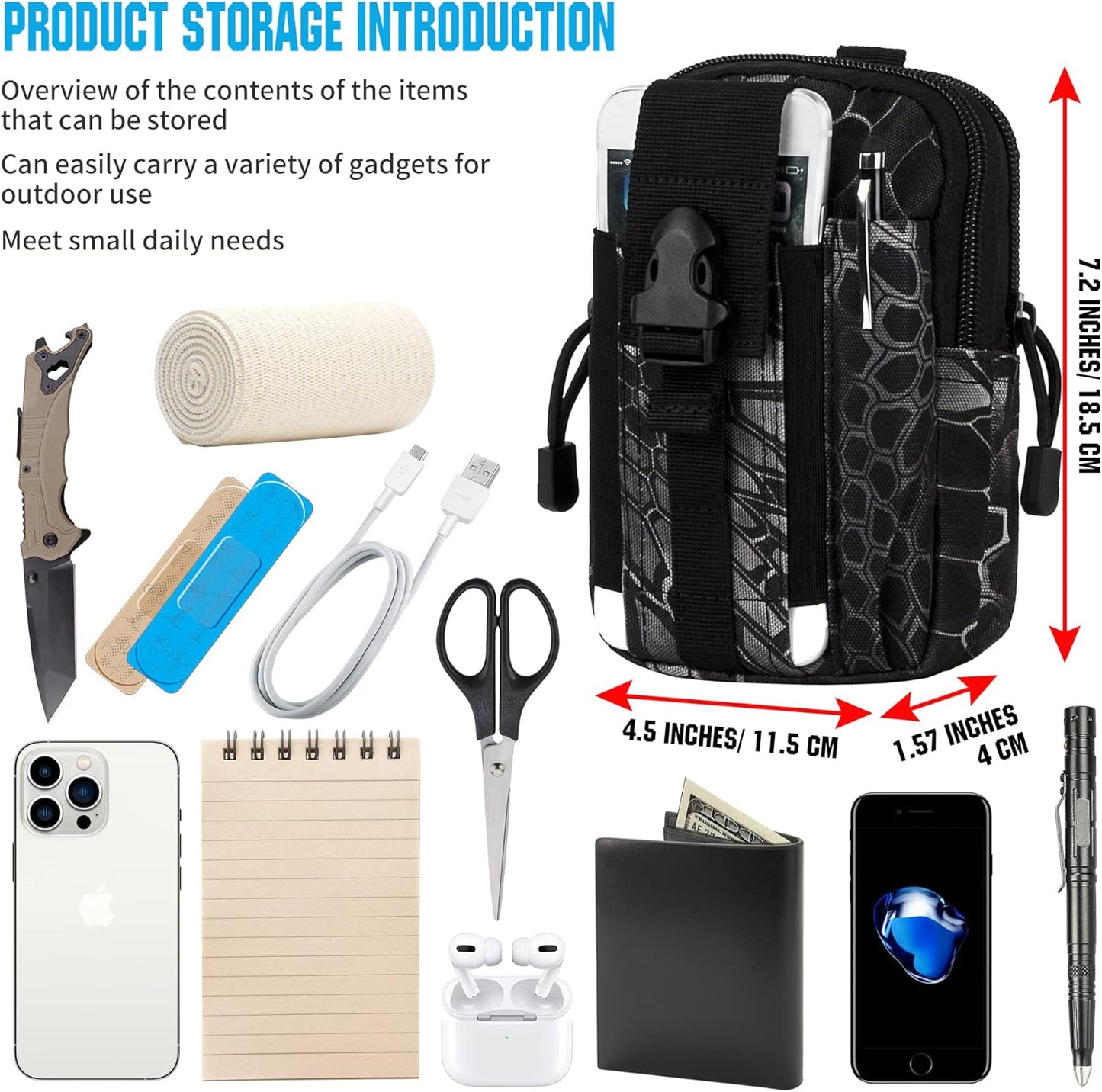 IronSeals Tactical Molle Pouch Compact Utility Waist Bag Phone Holster Holder for 4.7"-6.9" iPhone 15 Pro Max/15 Pro/14 Plus/14 Pro Max/14/13 Pro Max/13 Pro/12 Pro Max/11 Pro Max