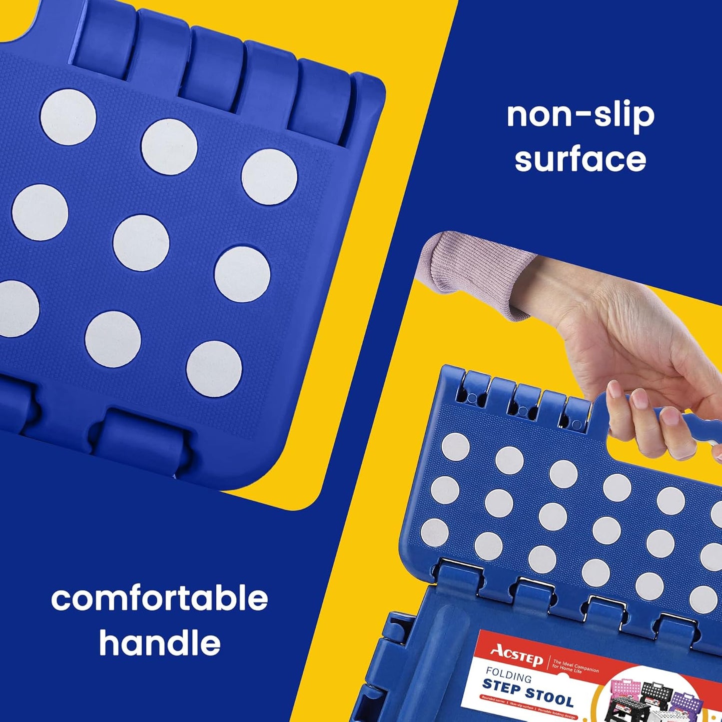 ACSTEP Folding Step Stool Foldable Stool 7.5 Inch Height Kids Step Stool, 300 lb Capacity Plastic Collapsible Stool, Stepping Stool with Handle Black Small Step Stool, Foot Stool Suitable for Kitchen