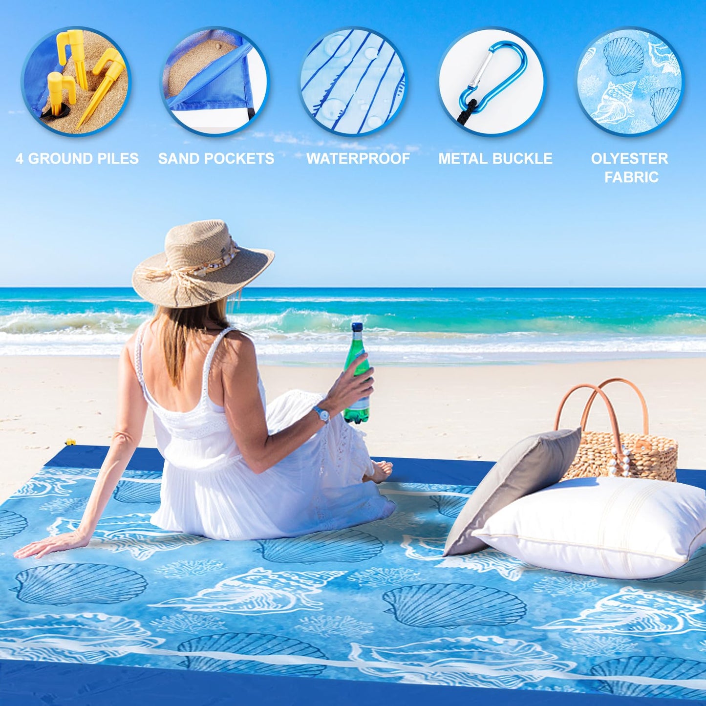 FunQeeu Beach Blanket, Large 83" X 79" Family Size Beach Mat Picnic Blanket Sandproof for 2-8 Adults Compact Lightweight Outdoor Accessories Portable Waterproof Mat for Travel Camping Hiking Vacation