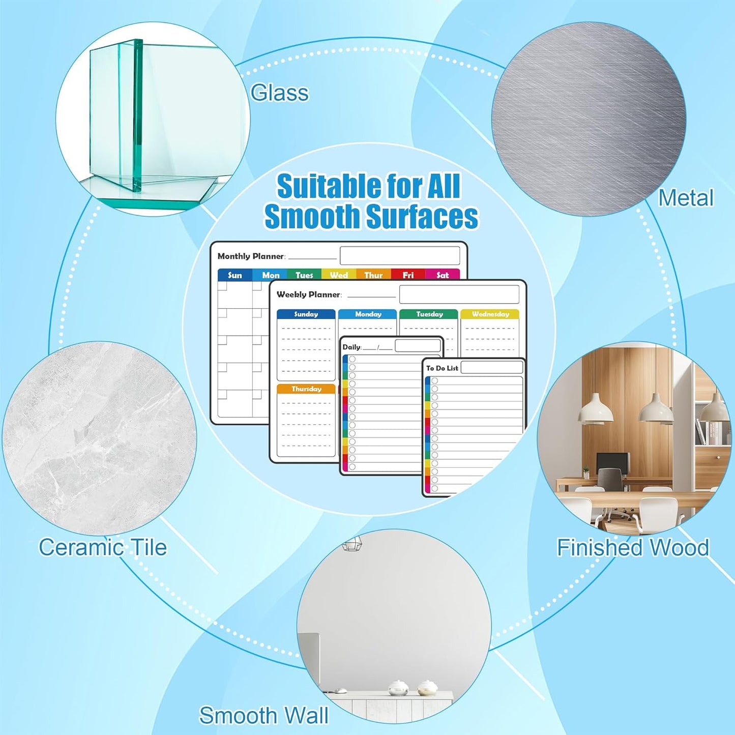 4 Pack Non-Magnetic Dry Erase Calendar Board Set, Anglecai Monthly, Weekly, Daily, List Calendar Sticks for Fridge, Wall, Door