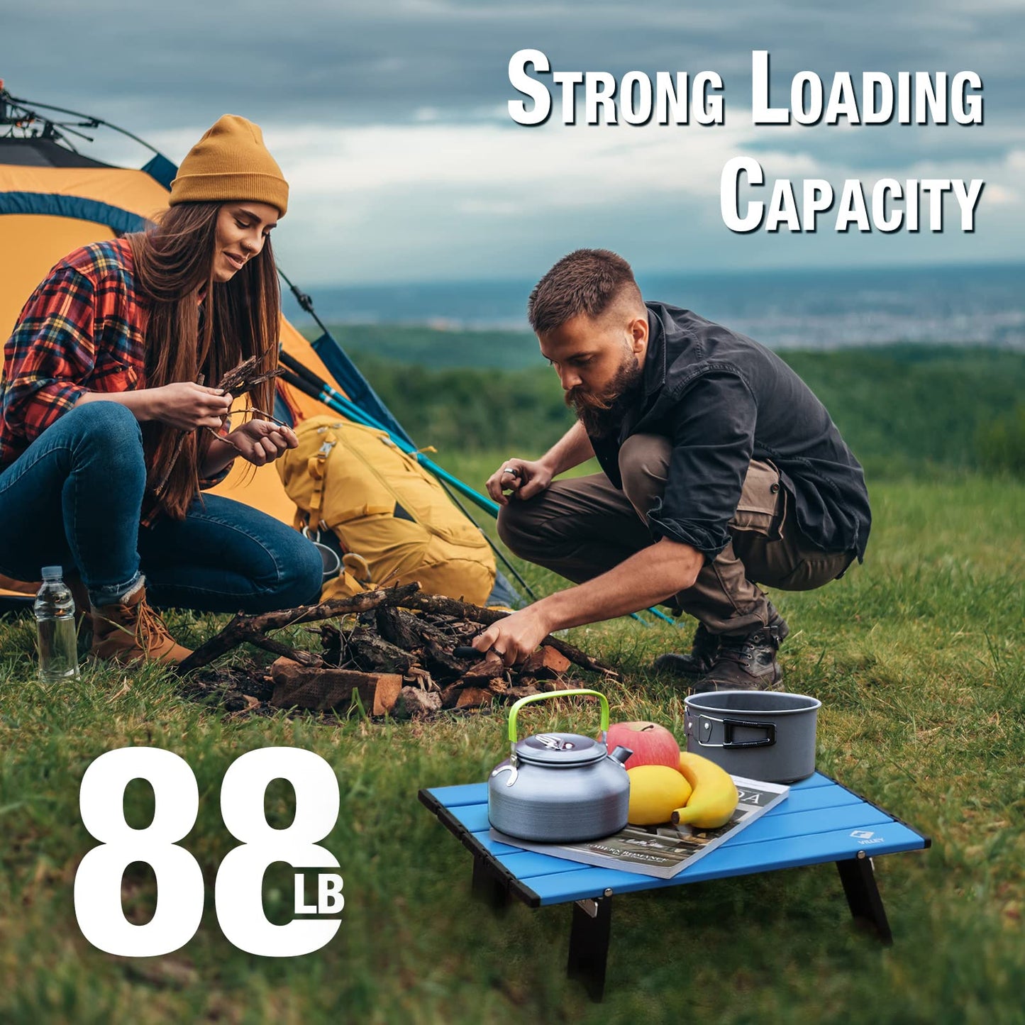 VILLEY Portable Camping Side Table, Ultralight Aluminum Folding Beach Table with Carry Bag for Outdoor Cooking, Picnic, Camp, Boat, Travel - Blue