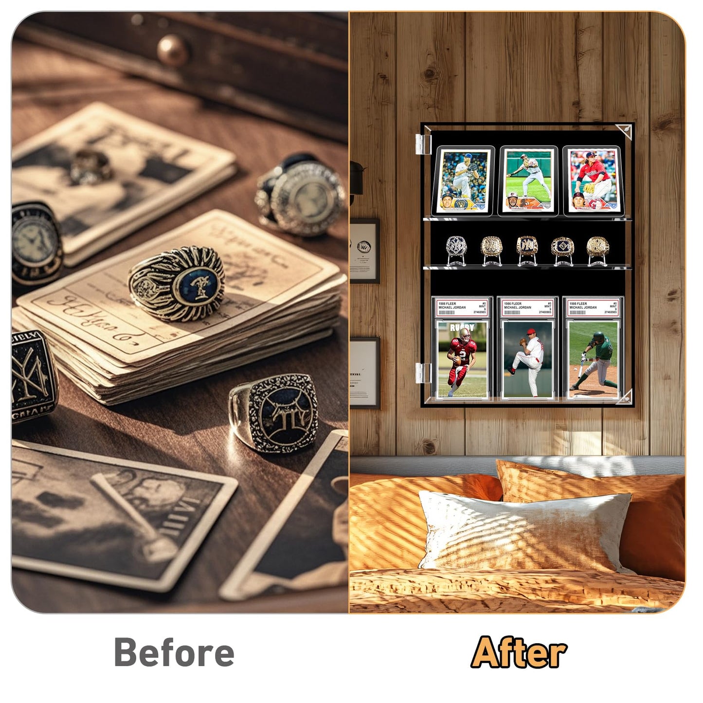 Acrylic Card Display Case ,5 Adjustable Shelves Wall Mount or Tabletop Clear Organizer for Sports Cards, Baseball Championship Rings, Trading Cards, Collectibles, Memorabilia Showcase