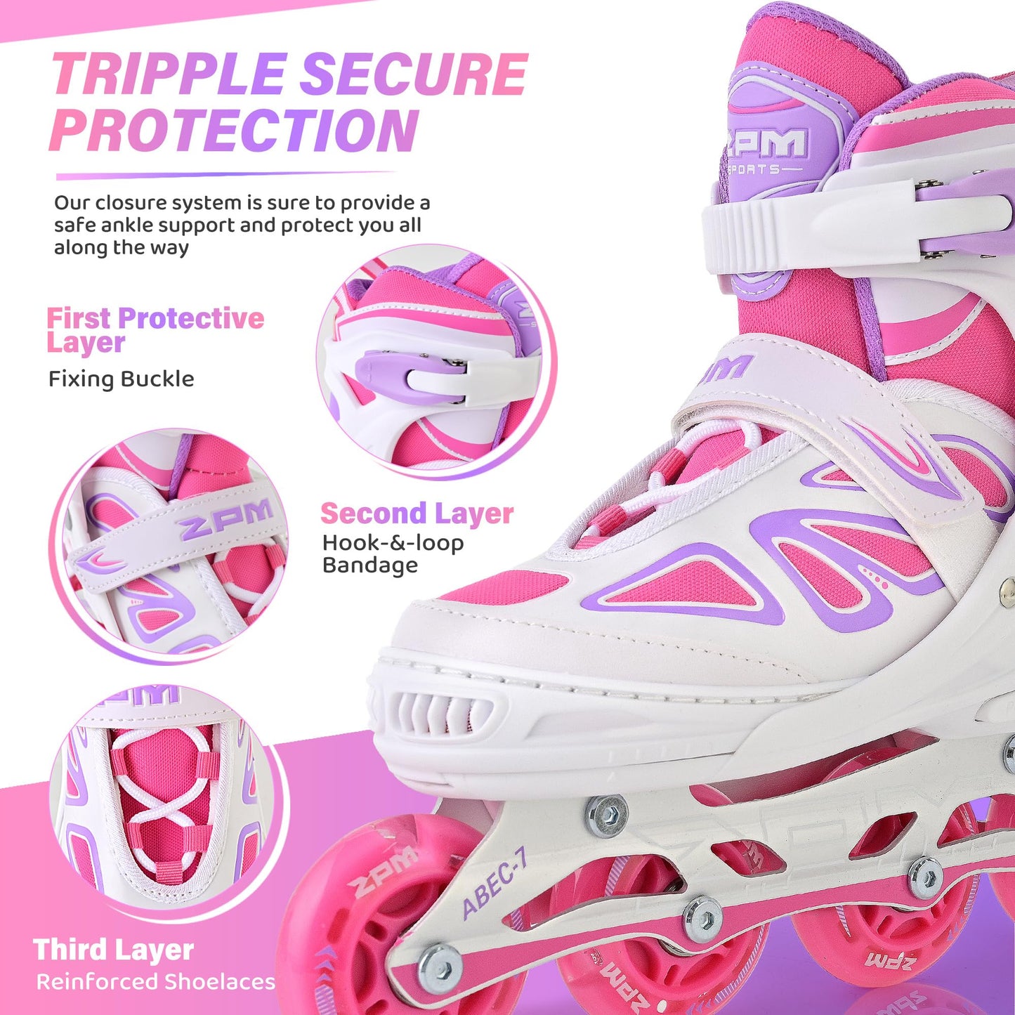 2PM SPORTS Vinal Inline Skates for Girls Boys Kids Ages 5-8 8-12 with Adjustable Illuminating Wheels, Inline Roller Skates for Youth Women Men - White Pink Medium