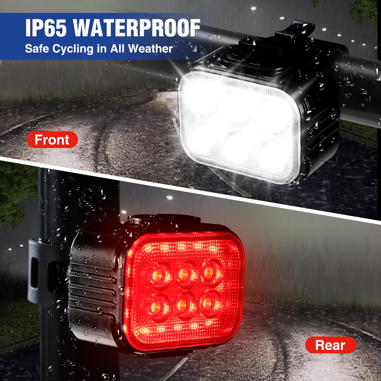 WORKPRO Bike Lights Set [8+13 Modes], Rechargeable Bicycle Light Set Ultra Bright, IP65 Waterproof Bike Lights for Night Riding, 1200mAh Bike Headlight and Tail Light Reflectors, Black