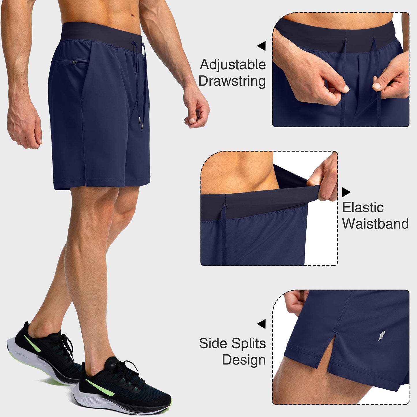 Soothfeel Men's Running Shorts with Zipper Pockets 7 Inch Lightweight Quick Dry Gym Athletic Workout Shorts for Men (Navy, L)