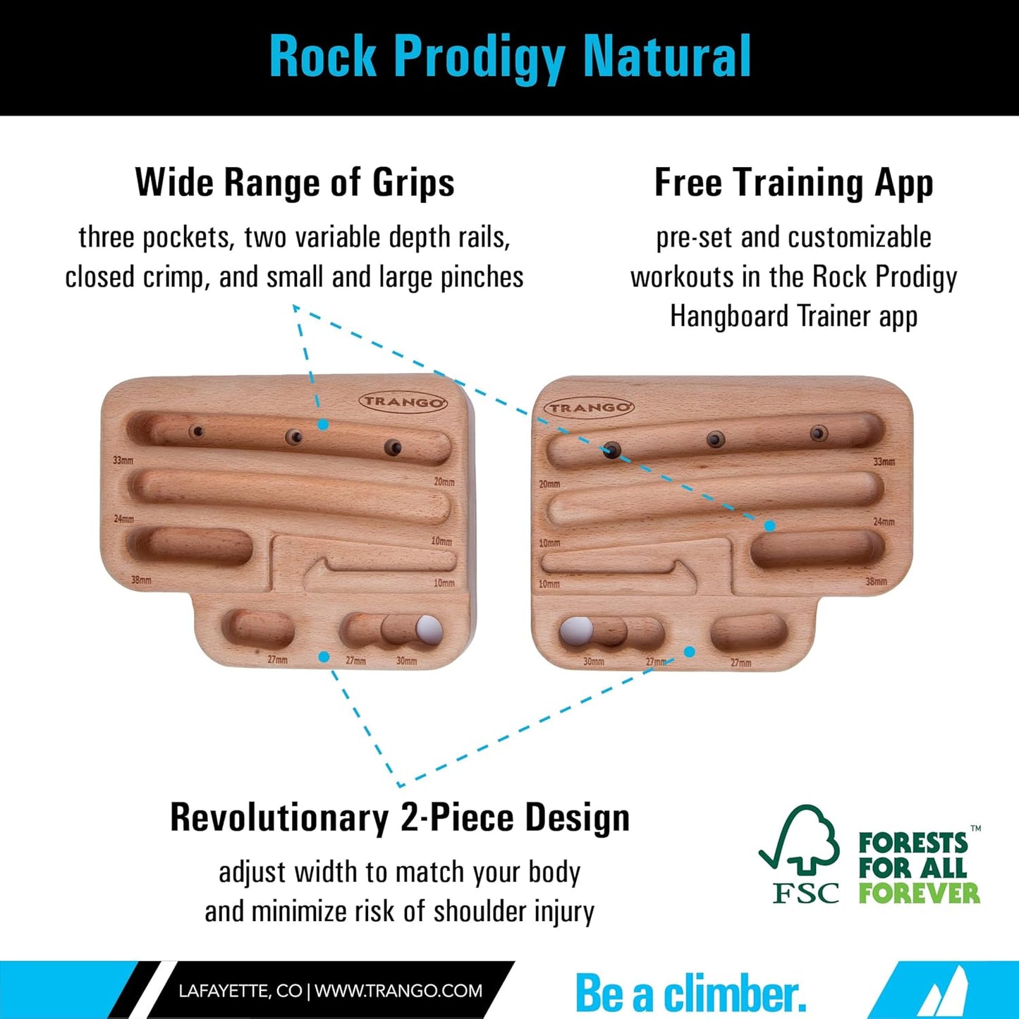 TRANGO Rock Prodigy Training Center - Rock Climbing Hangboard - 2-Piece Fingerboard System