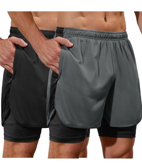 SILKWORLD 2 Pack Men's 2 in 1 Running Shorts Stretch Athletic Workout Gym Compression Shorts with Pockets, Black/Dark Grey, Large