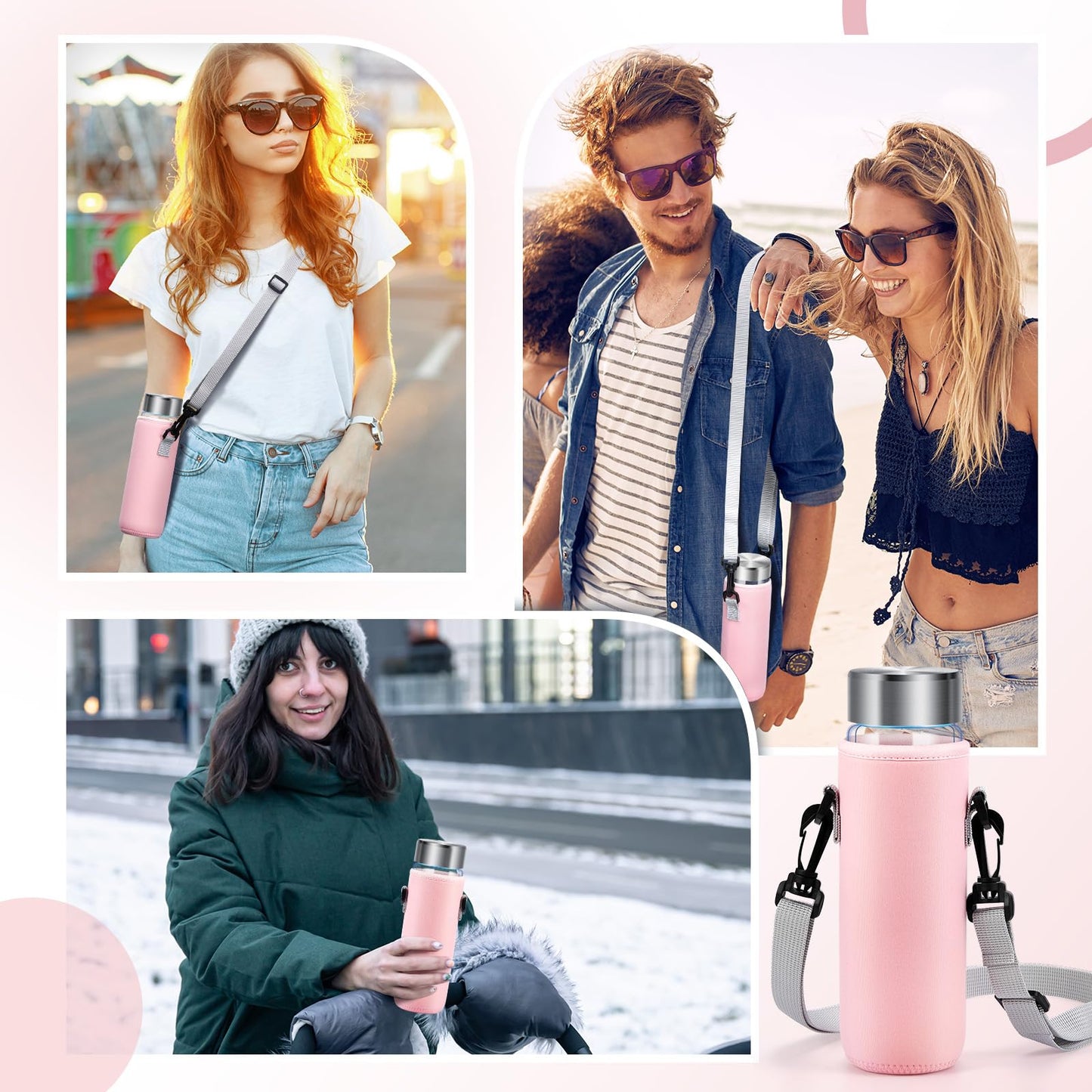 FillTouch Water Bottle Holder Water Bottle Bag Carrier Neoprene Portable Sling Bag Cover Sleeve Case with Strap for Hiking(Pink)