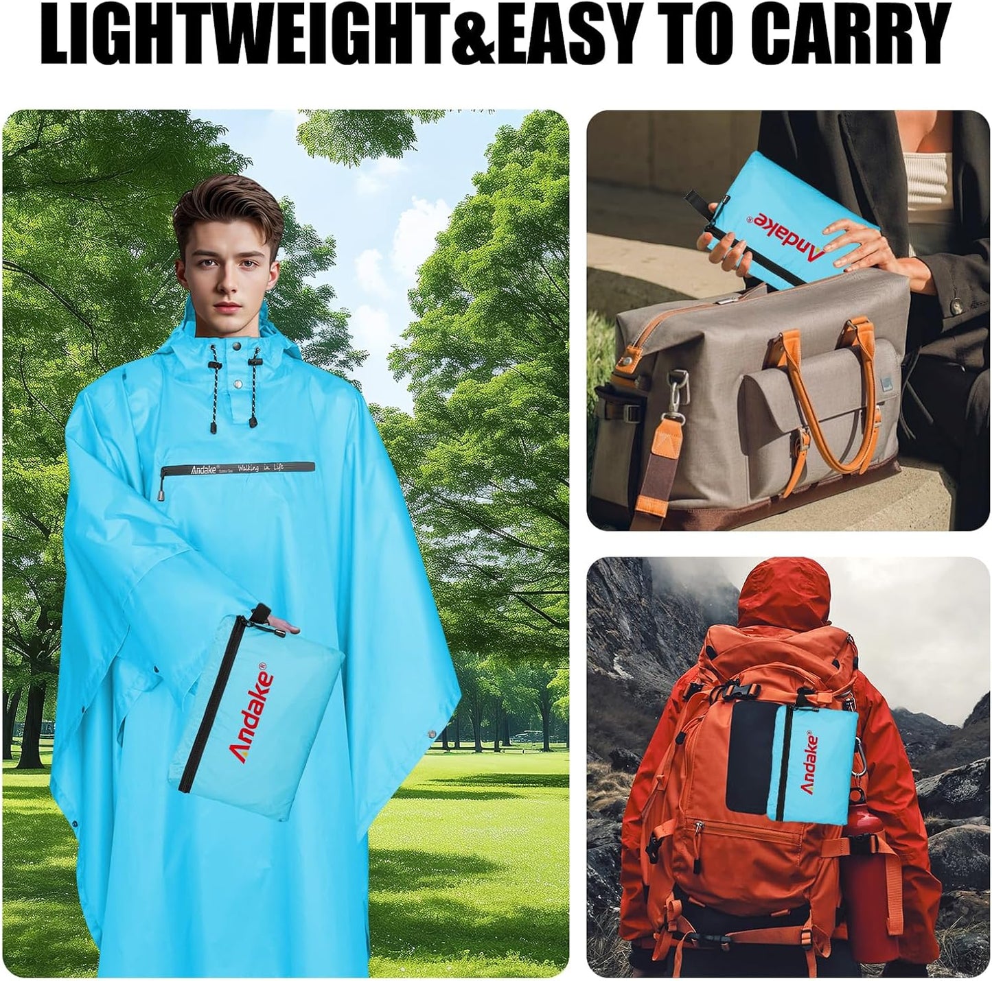 Andake Waterproof Rain Poncho for Adults Unisex,230T Ripstop Polyester,Raincoat Gear with Transparent Viewing Window Outdoors