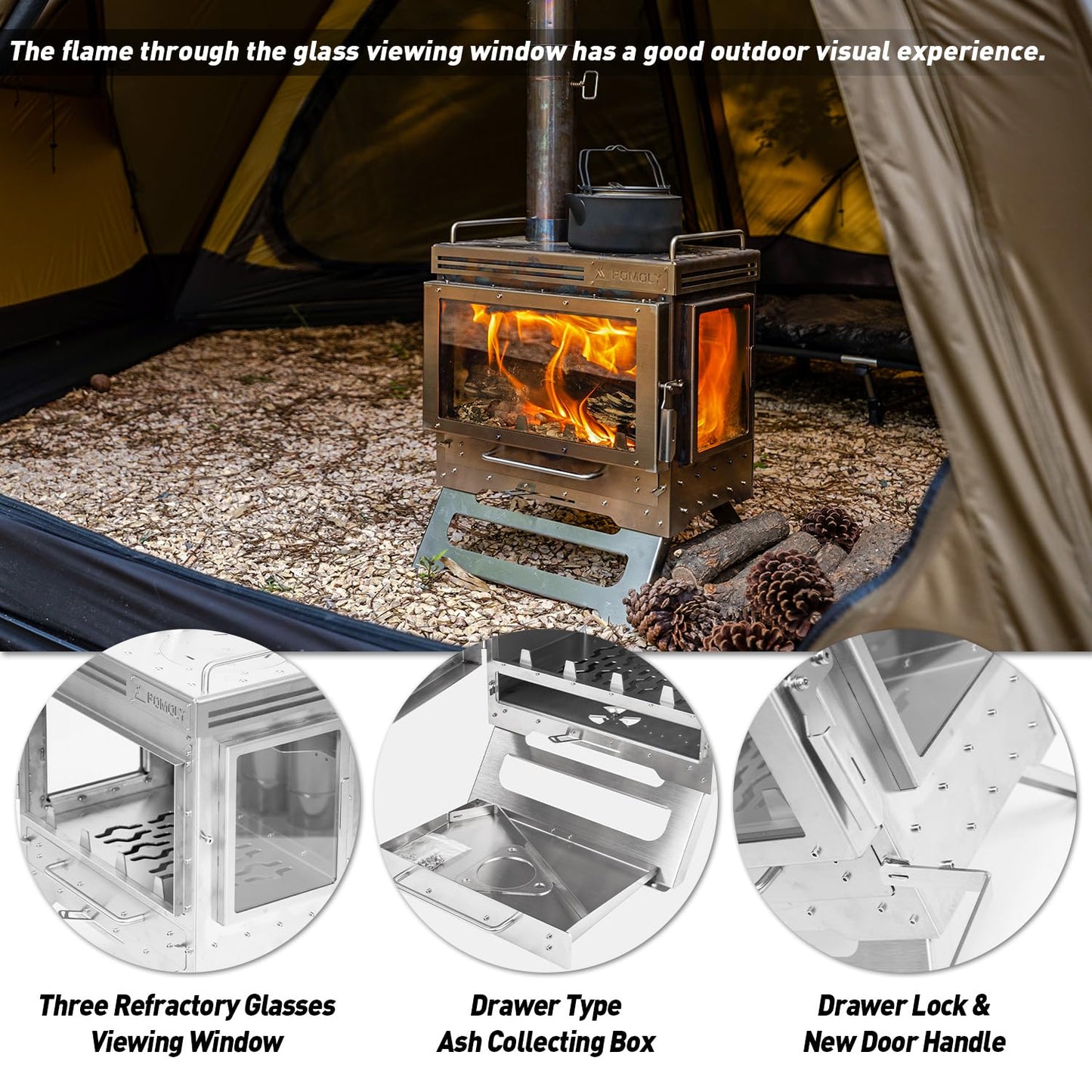 POMOLY Camping Tent Stove Wood Burning Stove, Dweller Max 3 Stainless Steel Wood Stove for Hiking, Cooking, Heating (with 3 Glasses)