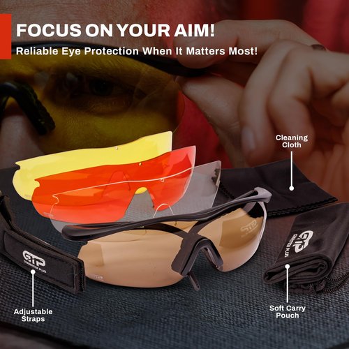 GuardTech Plus Shooting Glasses for Men and Women - ANSI Z87.1 Interchangeable Eye Protection - Shooting Safety Gear - 100% UV, Anti-Fog, Anti-Scratch Swappable Lenses Firing Range Glasses