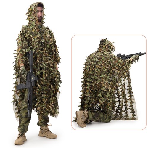 PELLOR Ghillie Suit, 3D Leafy Camo Poncho with Gloves Set, Camouflage Apparel Set for Hunting, Photography, Military, Airsoft, Paintball