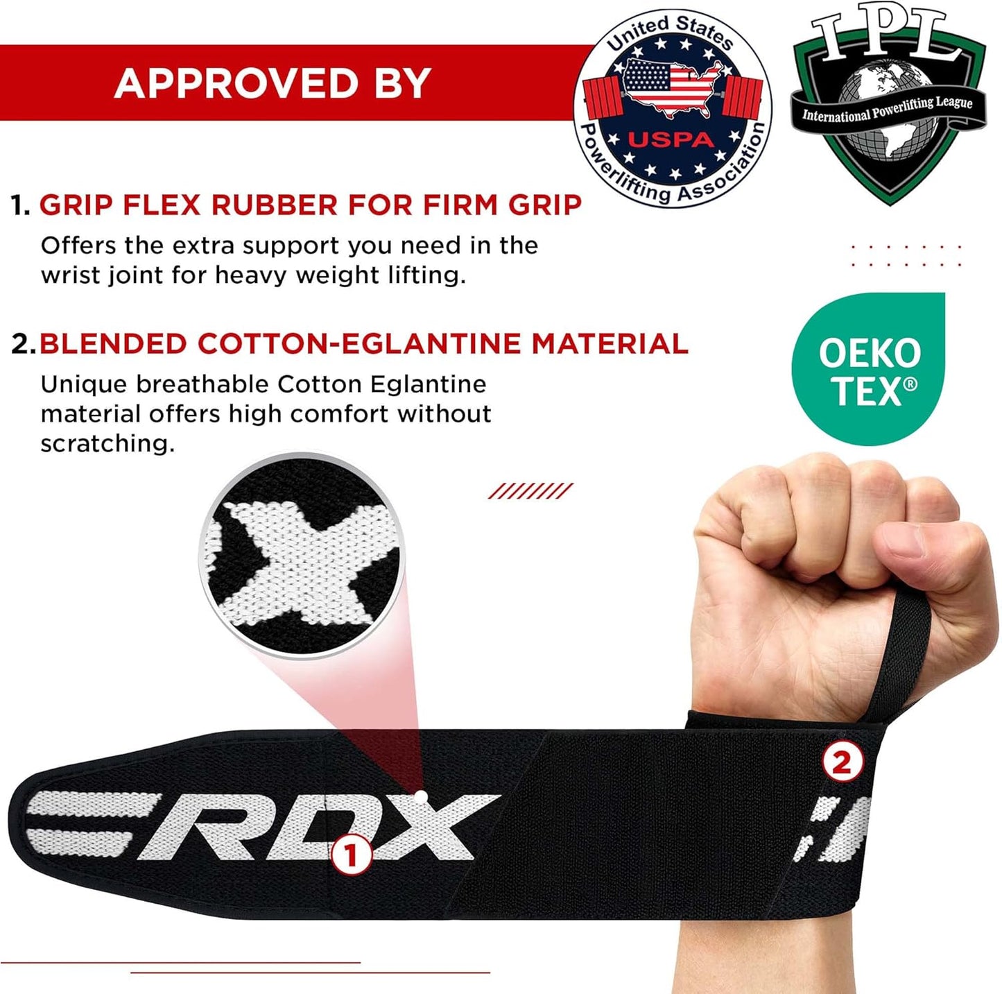 RDX Wrist Wraps for Weightlifting (Pair), IPL USPA Approved, Elasticated 18” Cotton Straps Support with Thumb Loop, Gym Wrap for Weight Lifting Powerlifting Competition Strength Training Bodybuilding
