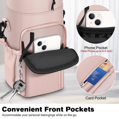 CaseBot Water Bottle Carrier Bag with Shoulder Strap, 32 40 oz Insulated Water Bottle Pouch Holder, Water Bottle Sleeve with Phone Pocket for Walking Hiking Picnic, Pink
