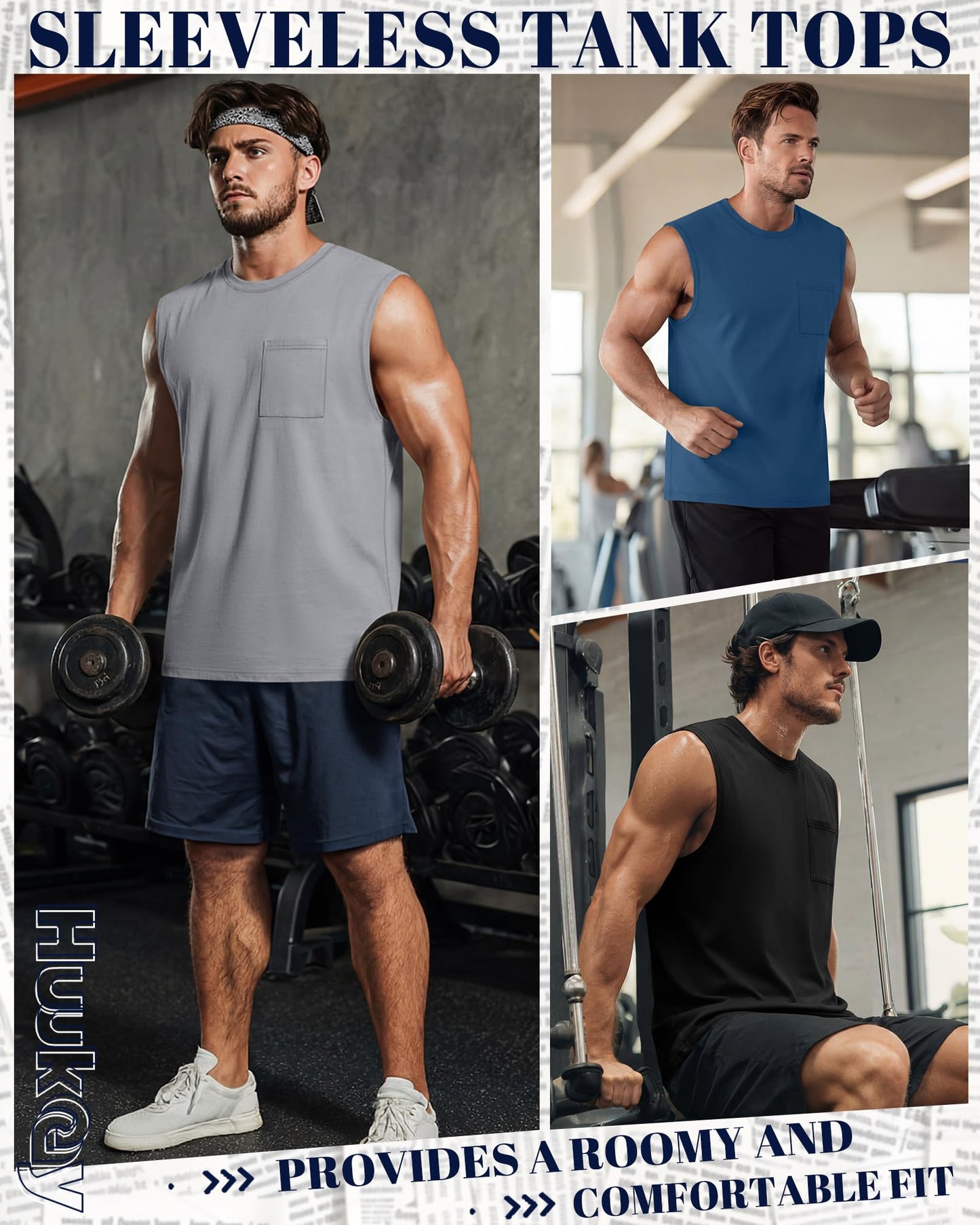 Huukeay 3 Pack Cotton Men's Big and Tall Sleeveless Tank Tops Muscle Shirts Gym Casual Workout Tees with Pocket(Black, Light Gray, Blue,X-Large)