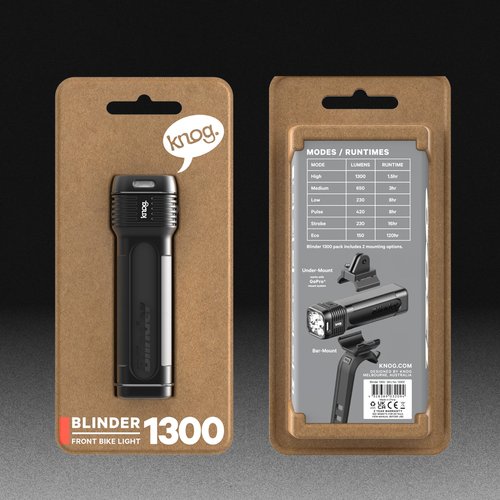 Knog Blinder 1300 Bike Light - 1300 Lumen Bicycle Light with Compact CNC Design, 6 Light Modes, USB-C Rechargeable, IP67 Waterproof, LED Battery Indicator & Side Visibility Windows