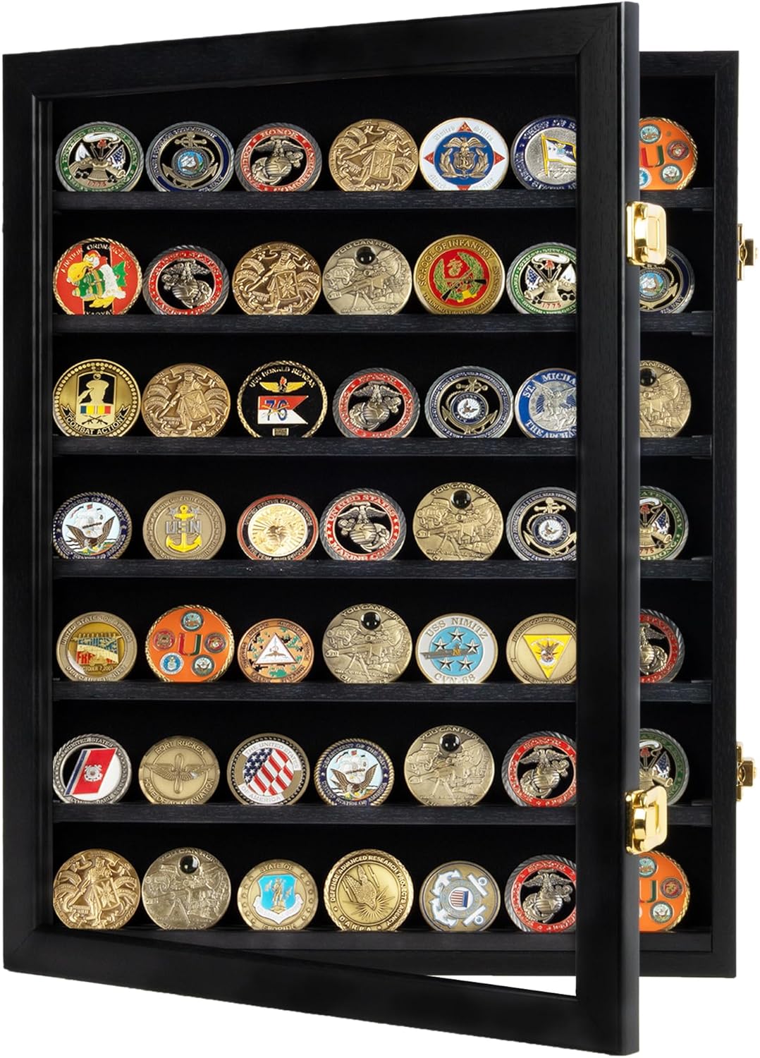Military Challenge Coin Display Case - Wall Mount Cabinet for Coins & Poker Chips, 17.5x14 Black Frame